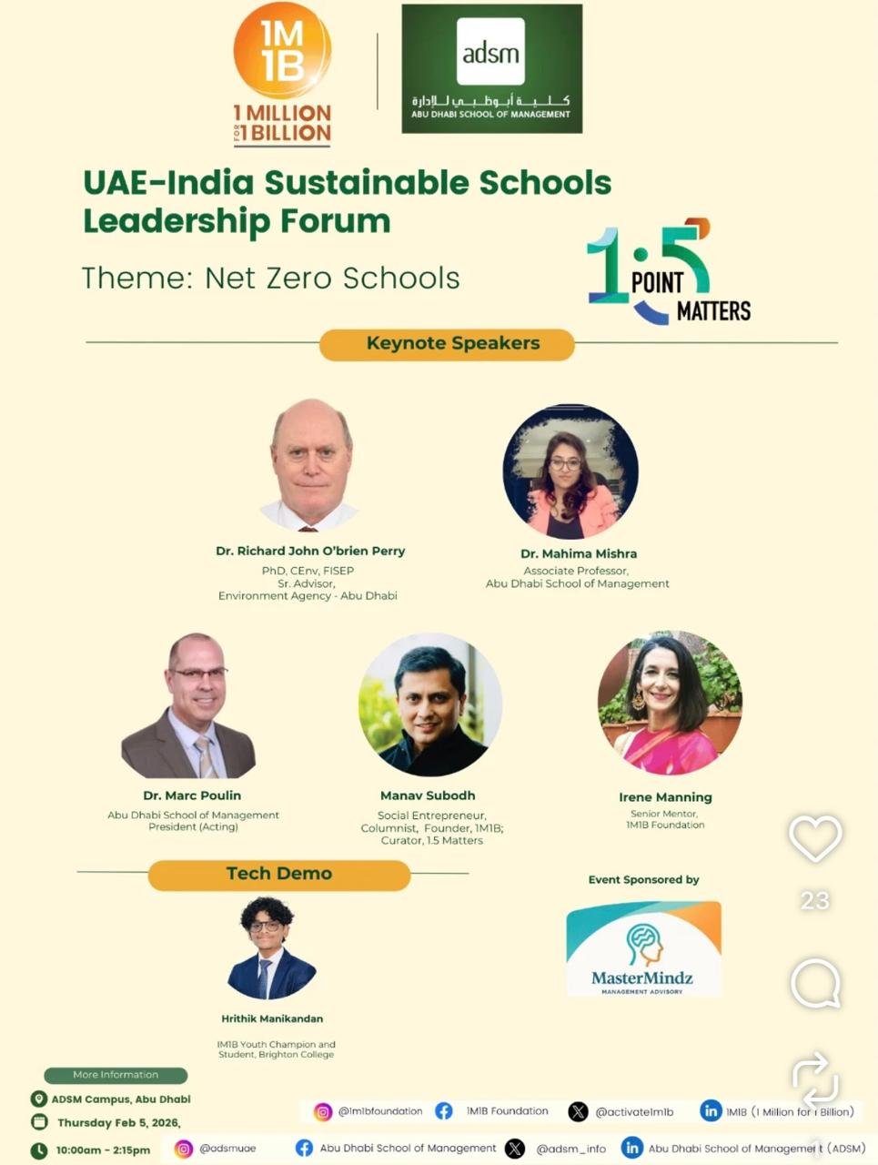 Event poster for the UAE–India Sustainable Schools Leadership Forum listing Hrithik Manikandan for the tech demo