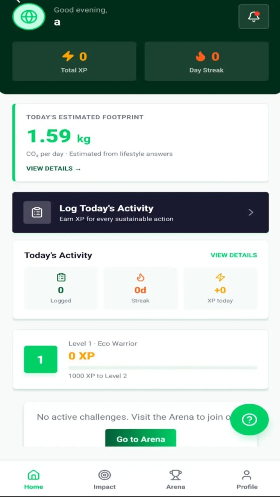 ChonX app home screen with total XP, day streak, estimated footprint and Log Today’s Activity