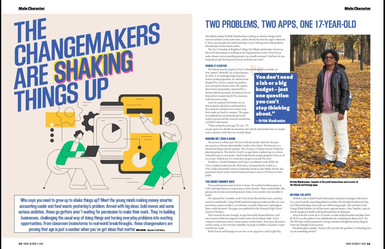 Gulf News youth magazine feature on Hrithik Manikandan, Two problems, two apps