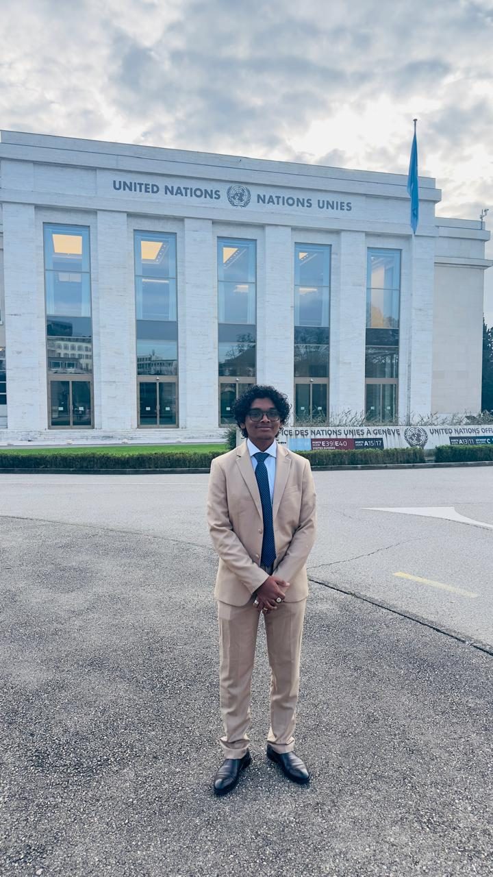 Hrithik Manikandan outside the Palais des Nations, United Nations Office at Geneva