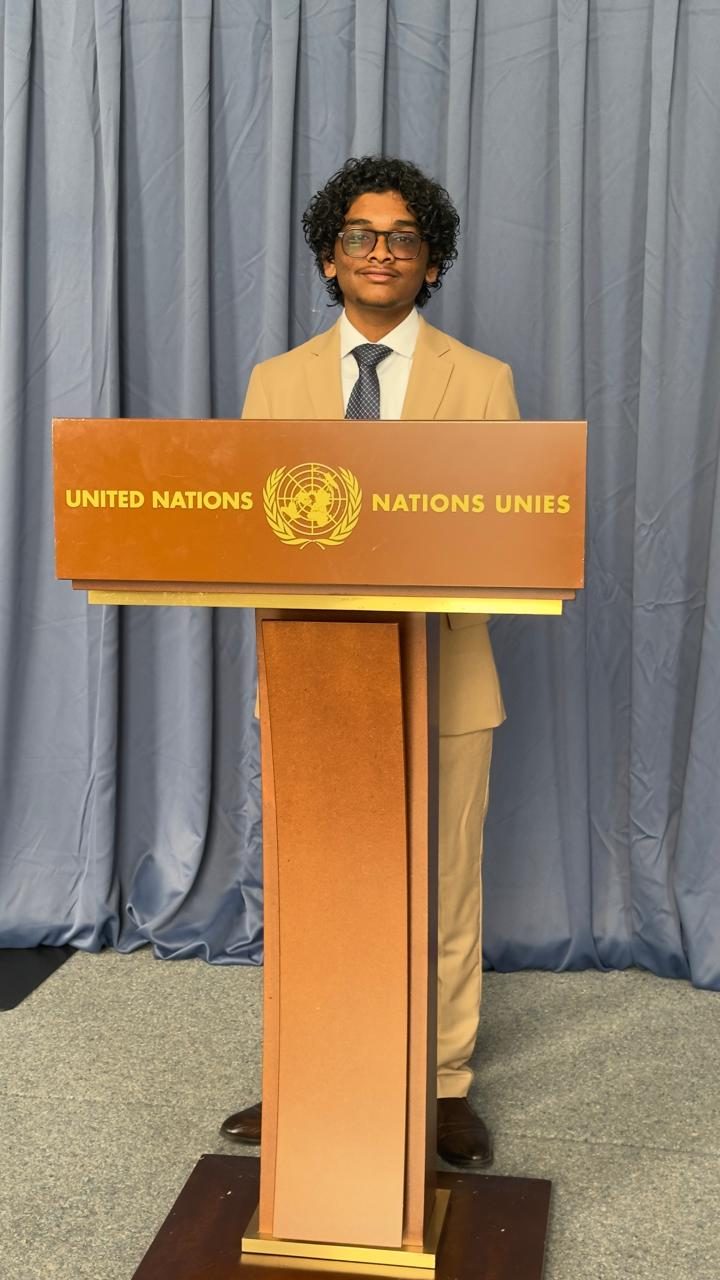 Hrithik Manikandan at a United Nations podium in Geneva