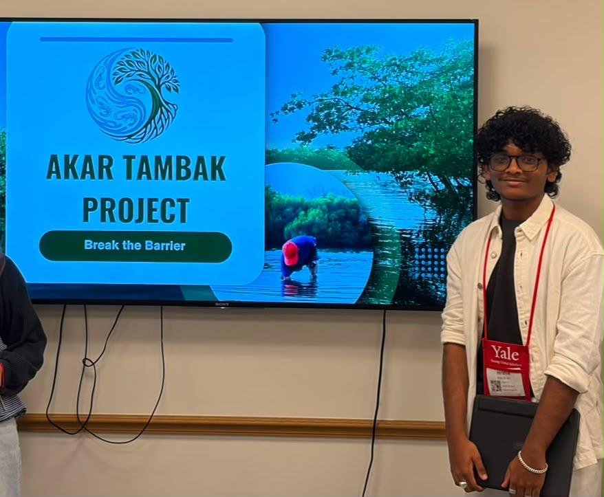 Hrithik Manikandan presenting the Akar Tambak project at Yale Young Global Scholars